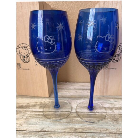 2 X Hello Kitty Kiriko Wine Glass Blue w/ Wooden Box Sanrio Japan 2017 - Picture 2 of 12